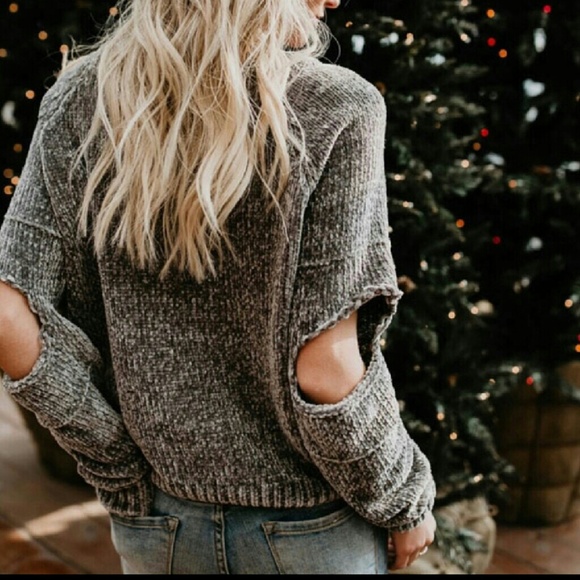 Open Elbow Super Soft Chenille Gray Womens Sweater - Picture 2 of 8